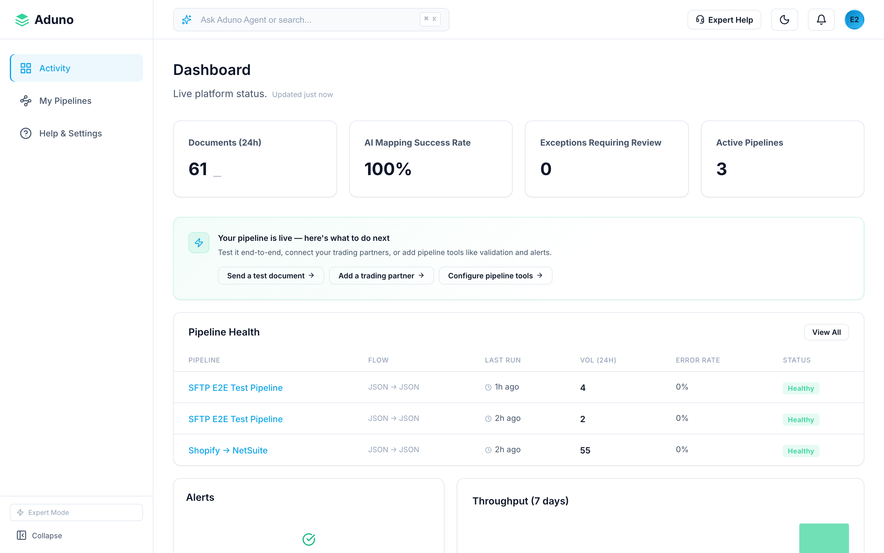 Aduno dashboard showing live pipeline health and document status for a brand integration